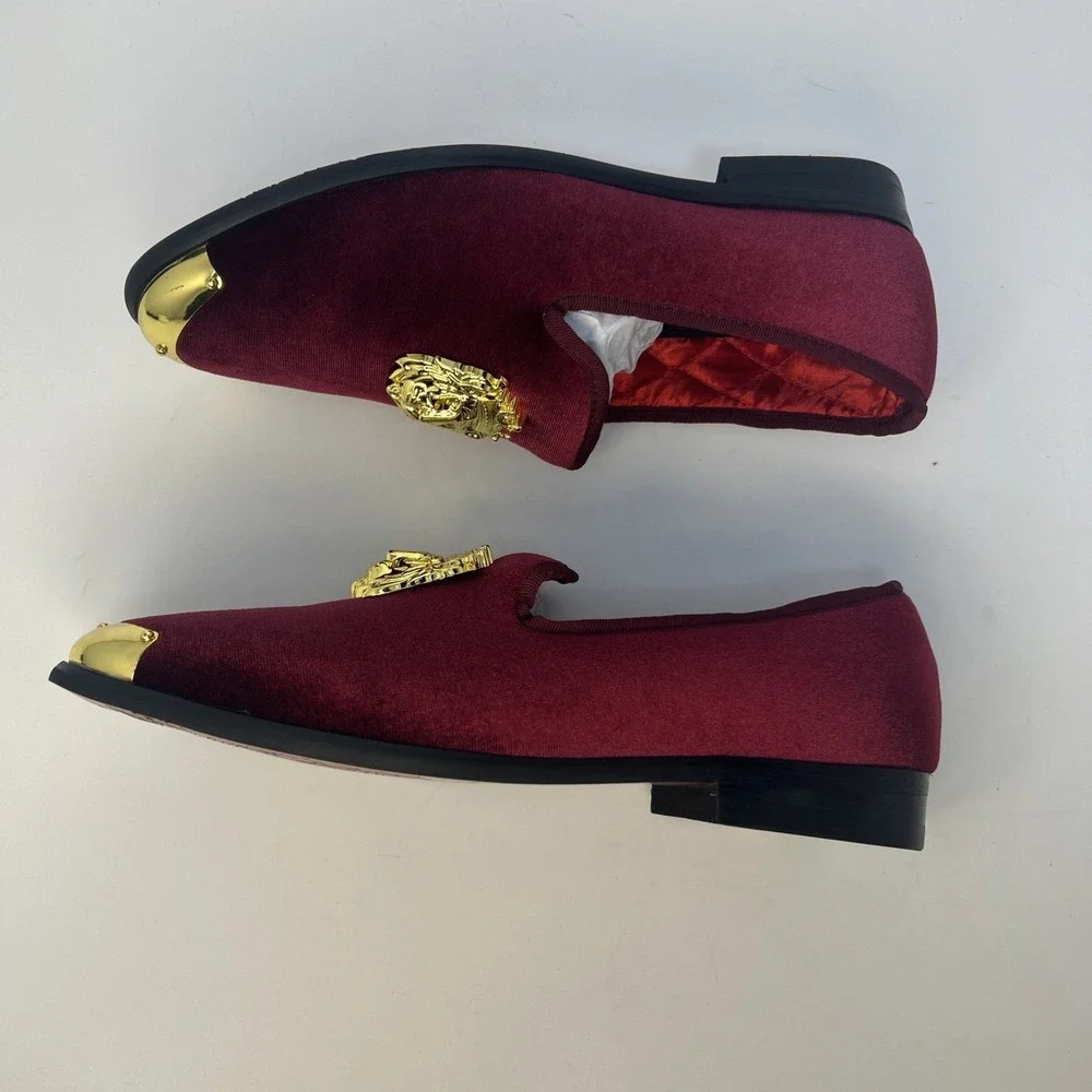 Erphpre Paul Men's Luxury Velvet Loafers – Burgundy/Gold – Size 7 Gold Lion NIB